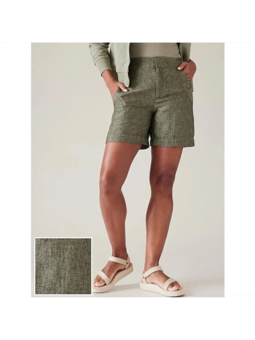 Athleta Voyager Linen Short Adjustable Waist Snap Pockets Sz 8 Olive Green